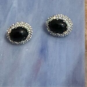 Vintage-Inspired Black and Silver Oval Earrings Rhinestone Lever Back Statement